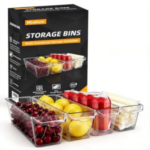 MiraFure 4 Pack Slim Fridge Organizer Bins, BPA Free Clear Refrigerator Storage Containers, Clear Pantry Organization & Cabinet Bins with Handles, Narrow Freezer Bin for Kitchen, Mini Fridge