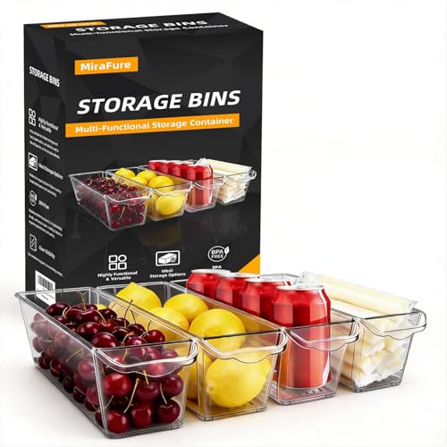 MiraFure 4 Pack Slim Fridge Organizer Bins, BPA Free Clear Refrigerator Storage Containers, Clear Pantry Organization & Cabinet Bins with Handles, Narrow Freezer Bin for Kitchen, Mini Fridge