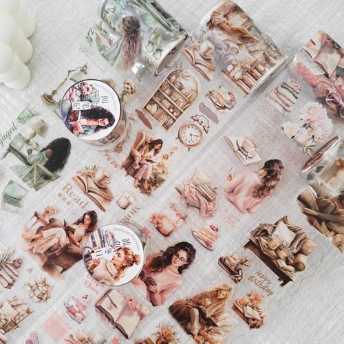 MisKepaa 6 Rolls PET Tape Set for Junk Journal,Reading Theme Scrapbook Tape Stickers for Journaling Supplies,Scrapbook Supplies,Album,DIY Craft(Reading)