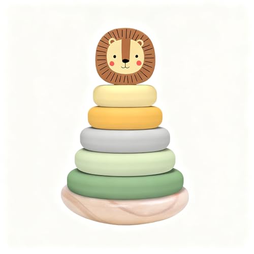 Miss OT Wooden Ring Stacker Toy for 1 Year Old - Montessori Toys for 1 Year Old Boy and Girl, Stacking Rings with Lion Topper, Baby Toy 12-18 Months, Fine Motor Skills, 1st Birthday Gift