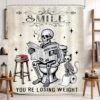 Mitpok Funny Skull Shower Curtain 60Wx72H Spooky Cat Skeleton Gothic Cool Bone Smoking on The Toilet Smile Beige Retro Rustic Horror Bathroom Decor Scary Bath Curtain Fabric Polyester 12 Pack Hooks