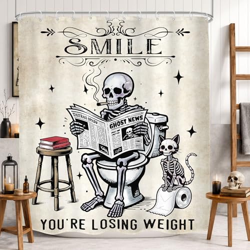 Mitpok Funny Skull Shower Curtain 60Wx72H Spooky Cat Skeleton Gothic Cool Bone Smoking on The Toilet Smile Beige Retro Rustic Horror Bathroom Decor Scary Bath Curtain Fabric Polyester 12 Pack Hooks