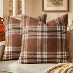 MIULEE Fall Plaid Decorative Throw Pillow Covers Set of 2 Scottish Tartan Vintage Farmhouse Autumn Cuhion Case Pillow Covers for Couch Living Room Sofa Bed Porch Home Decor 18x18 inch Brown and White