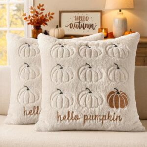 MIULEE Fall Pumpkin Pillow Covers 20x20 Set of 2, Embroidered Throw Pillow Covers Plush Faux Fur Farmhouse Autumn Decor Harvest Thanksgiving for Couch Living Room，Beige Olive Green
