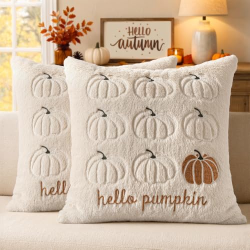 MIULEE Fall Pumpkin Pillow Covers 20x20 Set of 2, Embroidered Throw Pillow Covers Plush Faux Fur Farmhouse Autumn Decor Harvest Thanksgiving for Couch Living Room,Beige Olive Green