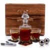 Mixology & Craft Crystal Whiskey Decanter Set 24oz With Glasses & Chilling Stones – Features Stainless Steel Whiskey Balls, Slate Coasters, Metal Tongs & Recipe Cards – Ideal Gift for Fathers