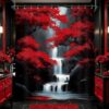 Miyotaa Black Red Waterfall Shower Curtain Set 60Wx71H Inches Japanese Landscape Tree Nature Aesthetic Scenery Polyester Waterproof Bathroom Curtain with 12 Hooks