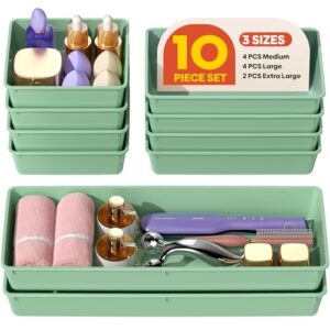 MLIKLU 10 Pack Large Size Plastic Drawer Organizers Set, 3 Sizes Desk Drawer Organizer Trays, Storage Bins for Vanity, Makeup, Bathroom, Kitchen Utensils and Office (Green)