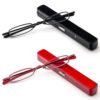 MMOWW Small Reading Glasses Men Women 2 Pairs Slim Pocket Readers with Pen Clip Metal Case Spring Hinge (Black+Red,+1.0)