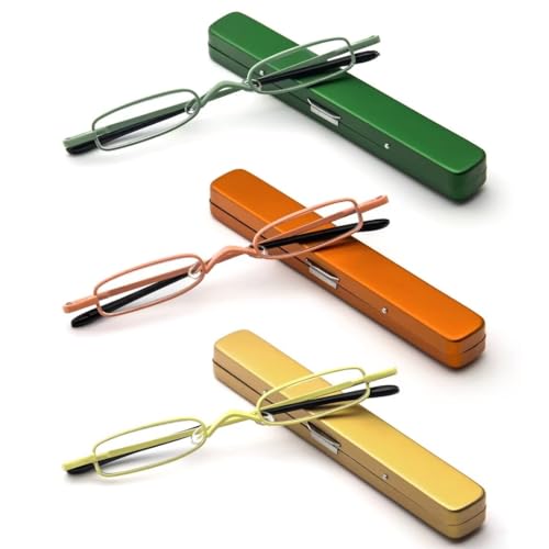 MMOWW Small Reading Glasses Men Women 3 Pairs Slim Pocket Readers with Pen Clip Metal Case Spring Hinge (Yellow+Orange+Green,+3.0)