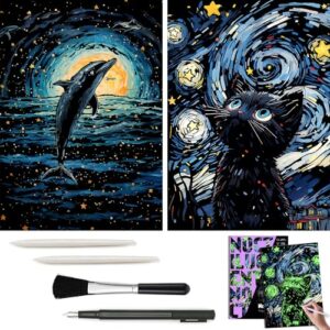 M MUGIT 2 Pack Noctilucent Scratch Art Rainbow Painting Paper - Large Canvas 16"x 11.2", ASMR Scratch Set (Satisfying), Relaxing Scratchboard Creative Craft Set for Teens, Adults (Cat/Dolphin)