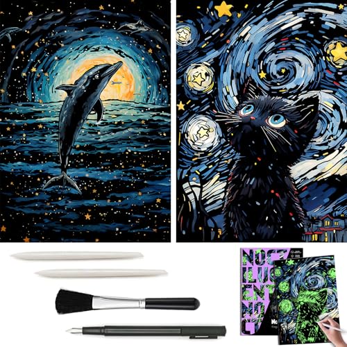 M MUGIT 2 Pack Noctilucent Scratch Art Rainbow Painting Paper - Large Canvas 16"x 11.2", ASMR Scratch Set (Satisfying), Relaxing Scratchboard Creative Craft Set for Teens, Adults (Cat/Dolphin)