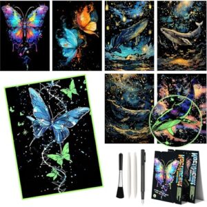M MUGIT 8 Sheet Scratch Art Noctilucent Rainbow Painting Paper with Pen/Cleaning Brush, Glow in The Dark Engraving Scratchboard(A4) for Teen & Adult, ASMR Sketch Card Relaxing (Butterfly/Dolphin)
