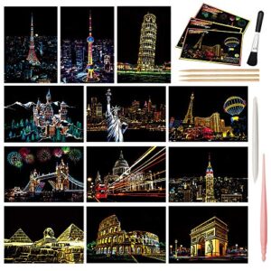 M MUGIT Magic Scratch Art Paper, Mini Envelope Postcard, Rainbow Night View Scratchboard for Adults and Teens, Art & Crafts Set: 12 Sheets Scratch Cards & Drawing Pen, Clean Brush (Landmark Building)