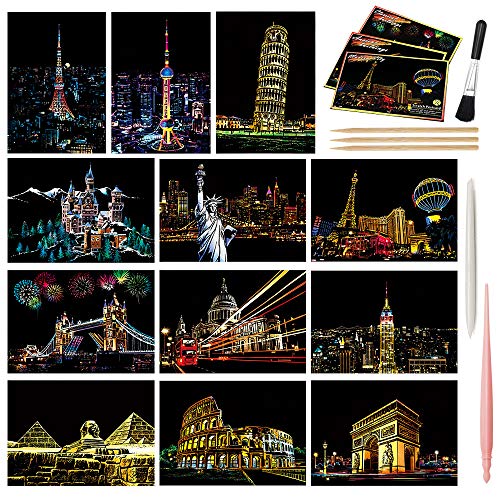 M MUGIT Magic Scratch Art Paper, Mini Envelope Postcard, Rainbow Night View Scratchboard for Adults and Teens, Art & Crafts Set: 12 Sheets Scratch Cards & Drawing Pen, Clean Brush (Landmark Building)