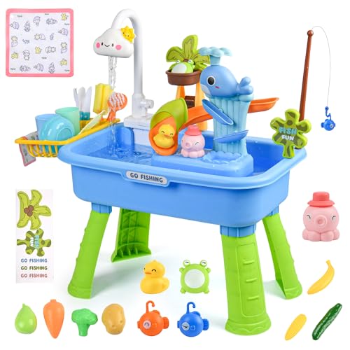 Mobelixy Upgraded Toddler Sand Water Table Toy with Electric Water Pump, Kids Sand Water with Faucet/Play Food Accessories/Fishing Toy, Kitchen Play Sink Toys for Girl Boy Age 3+ (Blue)
