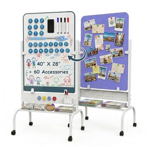 Mobile Magnetic Glass Standing Whiteboard, 40 X 28 Double Sided Felt Board White Board with Stand, Height Adjustable Dry Erase Board On Wheels, Freestanding Board for Home, Office, Planning