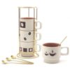 MOCERAKAI Stackable Coffee Mug Sets of 4 with Rack Tea Cup Set with Spoon 11oz for Coffee, Tea, Cocoa, Cappuccino, Hot Chocolate Ceramic Espresso Cups with Coffee Cup Holder, theme of Trendy