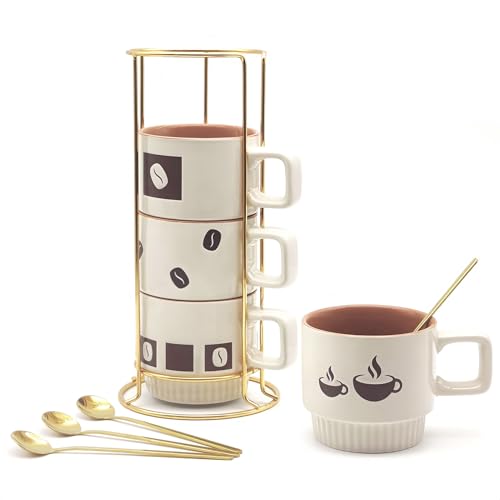MOCERAKAI Stackable Coffee Mug Sets of 4 with Rack Tea Cup Set with Spoon 11oz for Coffee, Tea, Cocoa, Cappuccino, Hot Chocolate Ceramic Espresso Cups with Coffee Cup Holder, theme of Trendy