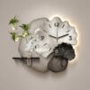 Modern 3D Ginkgo Leaf Wall Art Clock with LED Light and Decorative Vase