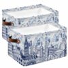 Modern Country Storage Basket for Shelves, Abstract Global Landmarks Blue Storage Cube Fabric Storage Bins, Closet Organizers with Handles for Cloth, Book, Playing, 15"x11"x9.5", 2 Pack