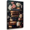Modern Dark Academia Book Canvas Wall Art, Vibrant Rose Floral Poster, Contemporary Still Life Pictures Aesthetic Vintage Stacked Books Prints for Living Room Bedroom Study Decor (Framed,12×18 inch)