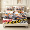 Modern Graffiti Fitted Sheet Queen Size 4 Pieces Car Racing Car Checkerboard Clock, Breathable Sheet with Elastic Corner Straps, Deep Pocket up to 16 Inch, No More Slipping Off for Mattress