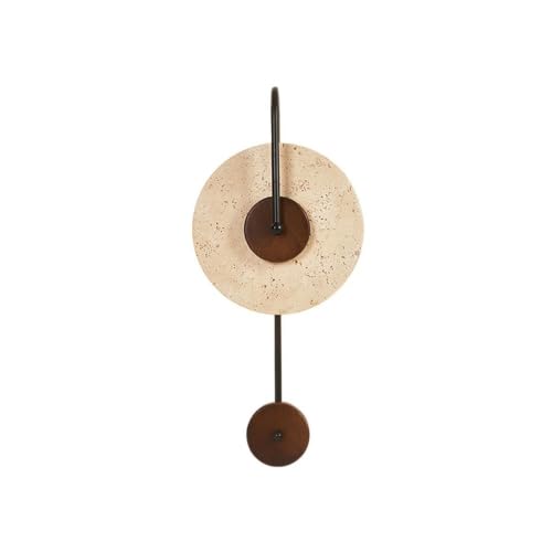 Modern Travertine Wall Sconce Beige Yellow Stone Disc Dark Brown Wood Base Black Iron Pipe 22.8 Inch Height 9.8 Inch Width LED Wall Light Fixture for Bedroom Living Room Hallway