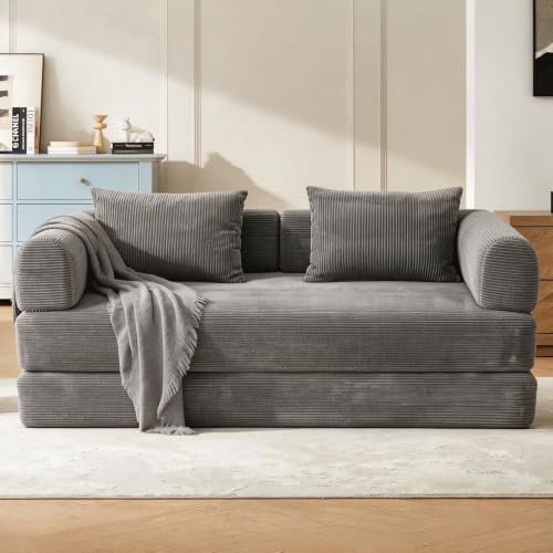 Modular Corduroy Futon Sofa Bed, Convertible Floor Couch with Detachable Mattress, Free Combination Fold Out Sleeper Sofa with Heavy-Duty Metal Support Brackets, Side Storage Pocket,for Apartment
