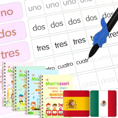 MoLingvora Magic Trace Trek Writing Practice for Kids - 4 Spanish Grooved Workbooks, Pre K Reusable Tracing Practice Book, Handwriting Without Tears, Disappearing Pen Refill (Spanish Pack of 4, Small)