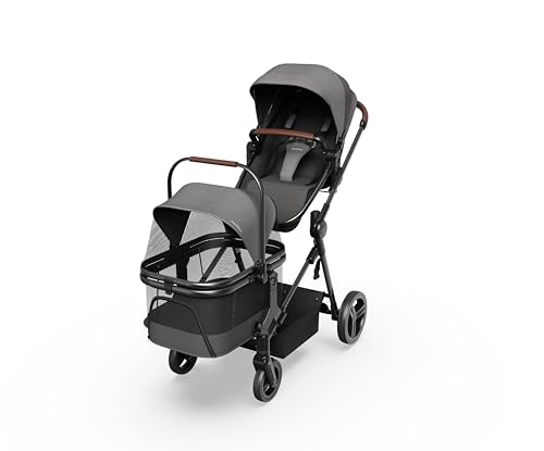 MOMFANN Wagon Stroller for Baby and Pet, Convertible Stroller Wagon with Detachable Pet Basket & Infant Seat, 5-Point Harness, All-Terrain Wheels, Pet Hair Resistant Canopy & Basket, Compact Fold-Grey