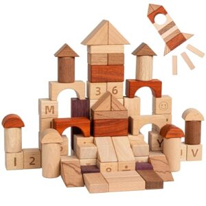 MOMOARI Alphabet Number Early Math Wooden Building Blocks Set - 86 Blocks in 6 Shapes with Wooden Storage Tray. Preschool Montessori Kids Toys. Stacking Learning Toys for Toddlers. Age 3 Years +