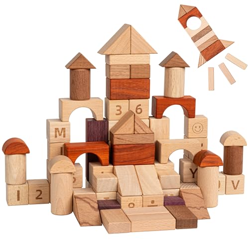 MOMOARI Alphabet Number Early Math Wooden Building Blocks Set - 86 Blocks in 6 Shapes with Wooden Storage Tray. Preschool Montessori Kids Toys. Stacking Learning Toys for Toddlers. Age 3 Years +