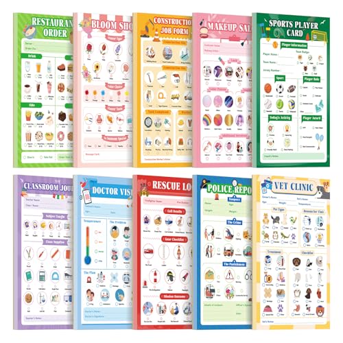 MOMOTONX 10 Pack Kids Pretend Play Notepads, 40 Pages Kids Playtime Pads, 4'' x 6'' All Roles Imaginative Role Play Activity Set, Educational Toys for Toddlers