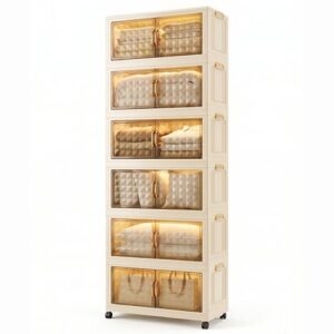 MONNIYU 426 Quarts 6-Tier Extra Large Stackable Storage Bins with Doors and Lids, 73" Tall Plastic Storage Cabinet, Tool-Free Assembly Stackable Closet Organizer for Home Office, Pantry, Wheels