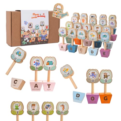 Montessori ABC Learning Toys for Kids, Wooden Matching Games for Toddlers 3-5 - Letter & Flower Matching Alphabet Puzzles with Storage Bag, Fine Motor Skills Toys Gift for Girls Boys 3+ Years Old