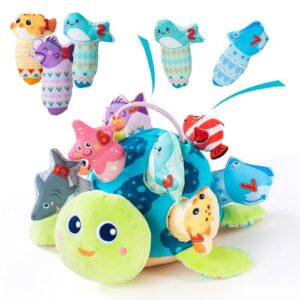 Montessori Baby Toys 6-12 Months, Soft Ocean Turtle Playhouse with 7 Stuffed Animals, Sensory Development Activity, Toddler Learning Toys with Soft Rattle