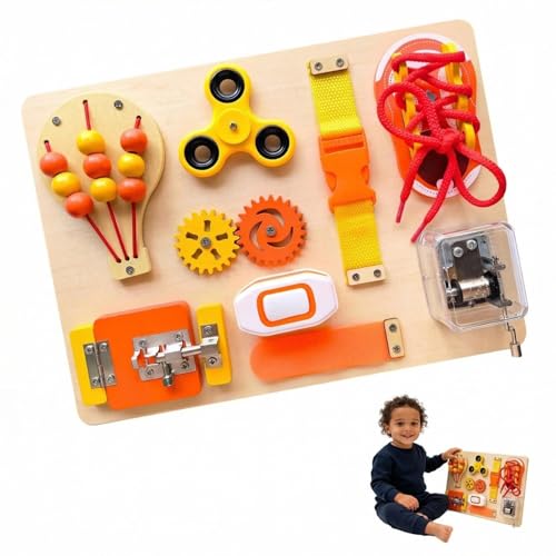 Montessori Busy Board for Toddlers, Wooden Sensory Toys Autistic Children, Travel Toys for Educational Fidget Board with Switches & Music Boxes, fidget spinner, Locks for Baby Boy&Girl-Birthday Gifts
