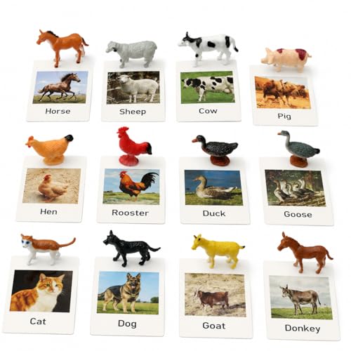 Montessori Farm Animal Matching Game, 12PCS Realistic Farm & Poultry Animal Figurines with Flash Cards, Preschool Educational Learning Toys for Toddlers Kids, Homeschool Language Sensory Toy