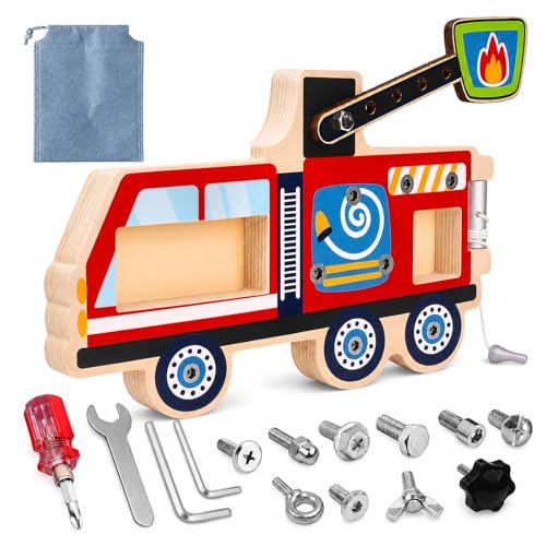 Montessori Screwdriver Busy Board Fire Truck – Wooden STEM Fine Motor Skills Sensory Learning Toy for Kids Ages 3-8, Educational Birthday with Storage Bag