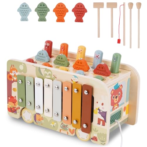 Montessori Toys for 1 Year Old, Wooden Hammering Pounding Toy with Xylophone, Fishing Game, Whack a Mole Game, Toddler Learning Toys for 1 2 3 Year Old Baby Girls Boys Christmas Birthday Gifts