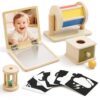 Montessori Toys for Babies 0-6 6-12 Months, Sensory Developmental Baby Toys, Tummy Time Toy - 5 in 1 Wooden Learning Toy Set, High Contrast Cards, Mirror & Spinning Drum for Newborn Infant Gift