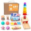 Montessori Toys for Babies 6-12 Months,1 Year Old,8 in 1 Baby Sensory Toy for 12-18 Months Toddler,Wooden Educational Development Toys with Soft Stacking Cup&Sensory Ball&Tissue Box