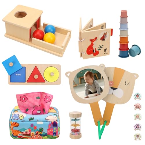 Montessori Toys for Babies 6-12 Months, 7 in 1 Wooden Educational Development Toys Sensory Learning Gift for Toddlers with Object Permanence Box, Emotion Learning Mirror, Tissue Box,Rainmaker and More