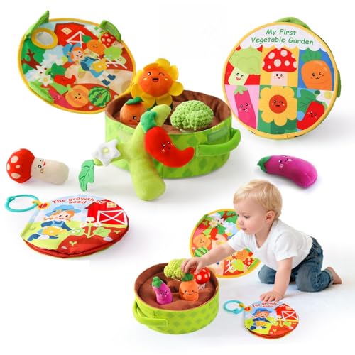 Montessori Toys for Babies 6-12 Months, Plush Vegetable Garden Sensory Sorting Toy with Storage Base, Soft Plush Farm Harvest Game for Fine Motor Skills, Perfect Baby Boys Girls Gift 0-2 Year Old