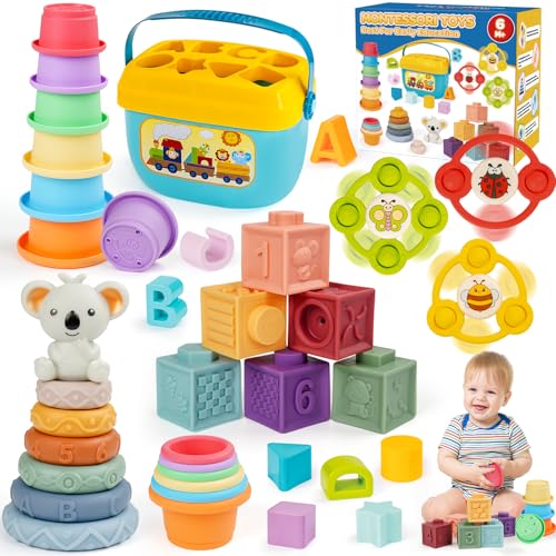 Montessori Toys for Babies Ages 6–12–18 Months with Sensory Shape Sorter Matching Game Box Stacking Cups Soft Ring, Building Blocks, Spinner Developmental Learning Toys for Toddlers 1+ Year Old