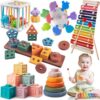 Montessori Toys for Baby Toddlers, 6-in-1 Wooden Shape Sorting Stacking Set