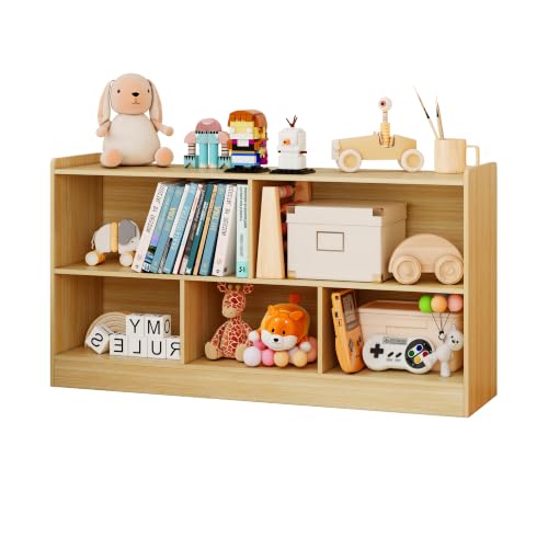 Montessori Toy Storage Cabinet, 5-Section Wooden Book & Toy Storage Organizer with Open Shelves for Toddler and Baby, Book Shelf Organizer for Kids Room, Nursery, Playroom and Classroom, Natural