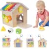 Montessori Wooden Baby Activity Play Cube Toys for Boys Girls 6 Months+, Early Developmental Learning Activity Center for Toddlers, 1-3 Years Old Kids First Birthday Gift, Bonus Infant Press & Go Car
