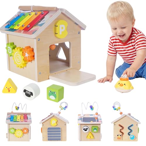 Montessori Wooden Baby Activity Play Cube Toys for Boys Girls 6 Months+, Early Developmental Learning Activity Center for Toddlers, 1-3 Years Old Kids First Birthday Gift, Bonus Infant Press & Go Car